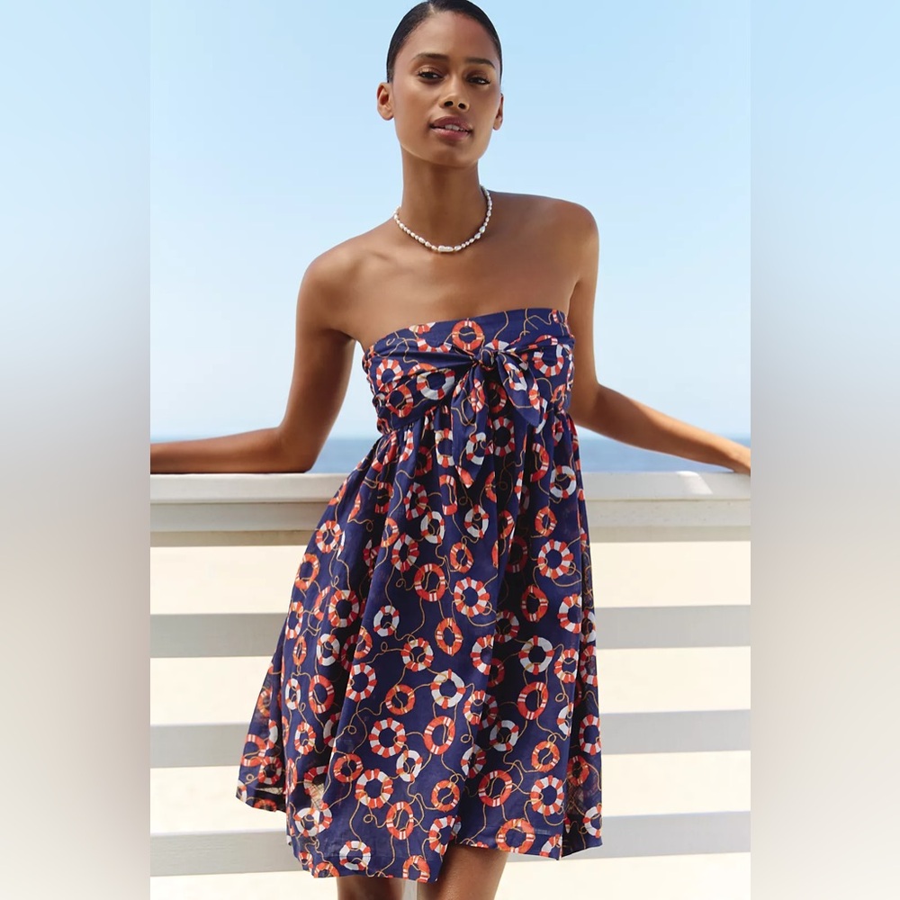 Celandine Cotton strapless Bow-Front Mini Dress small nautical coastal print